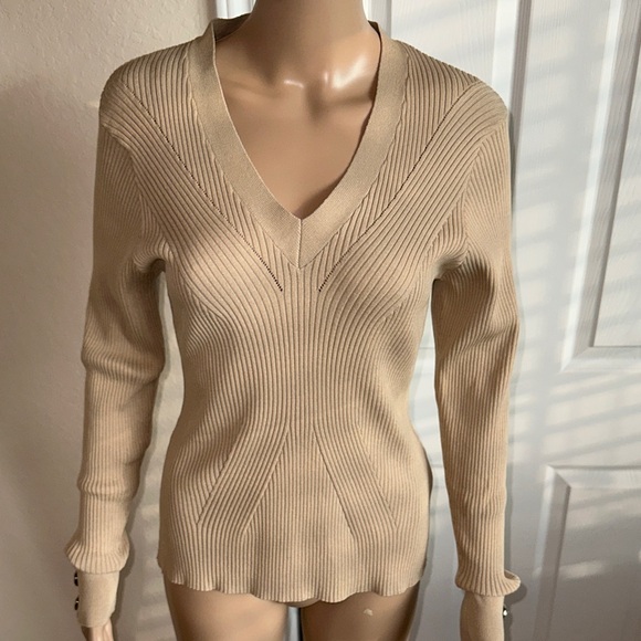 Guess Sweaters - Guess Beige V-Neck Ribbed Sweater